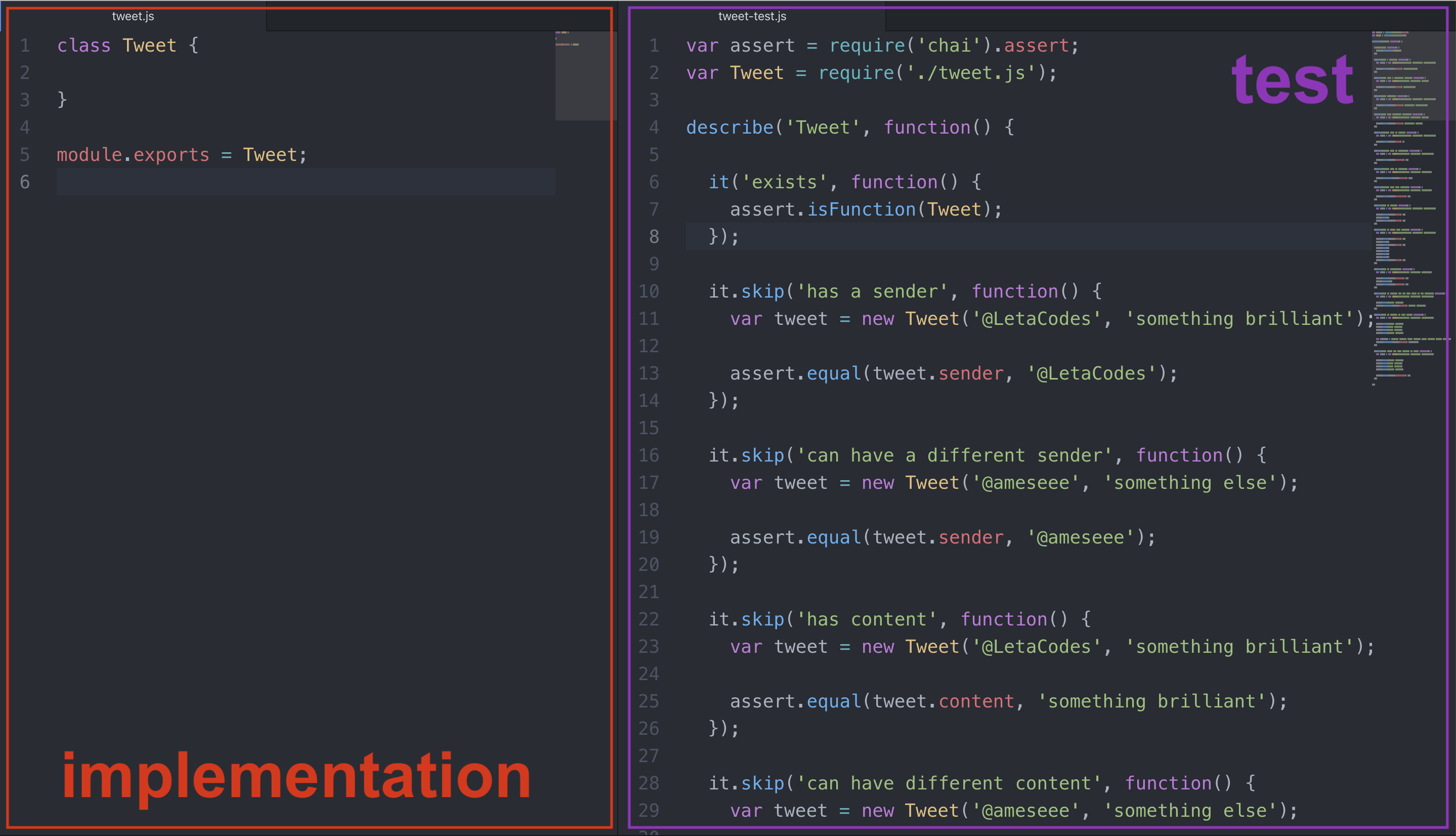 Screen shot of two panes in Atom text editor